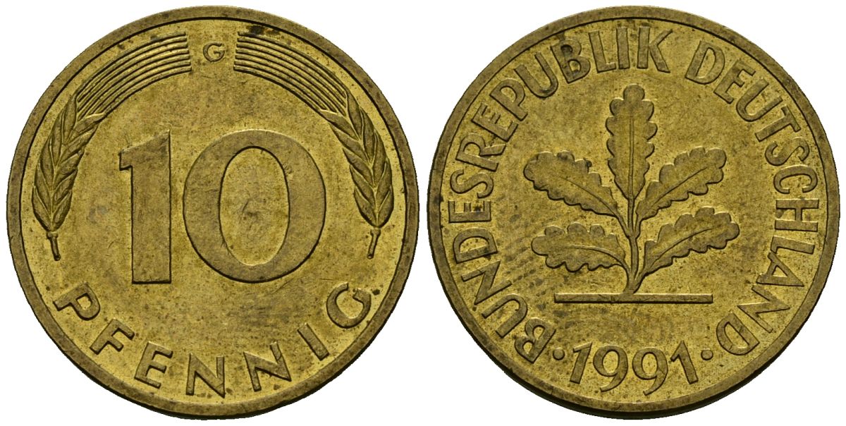 ФРГ 10 пфеннигов 1991 G KM 108 сталь плакированная латунью 4167-857