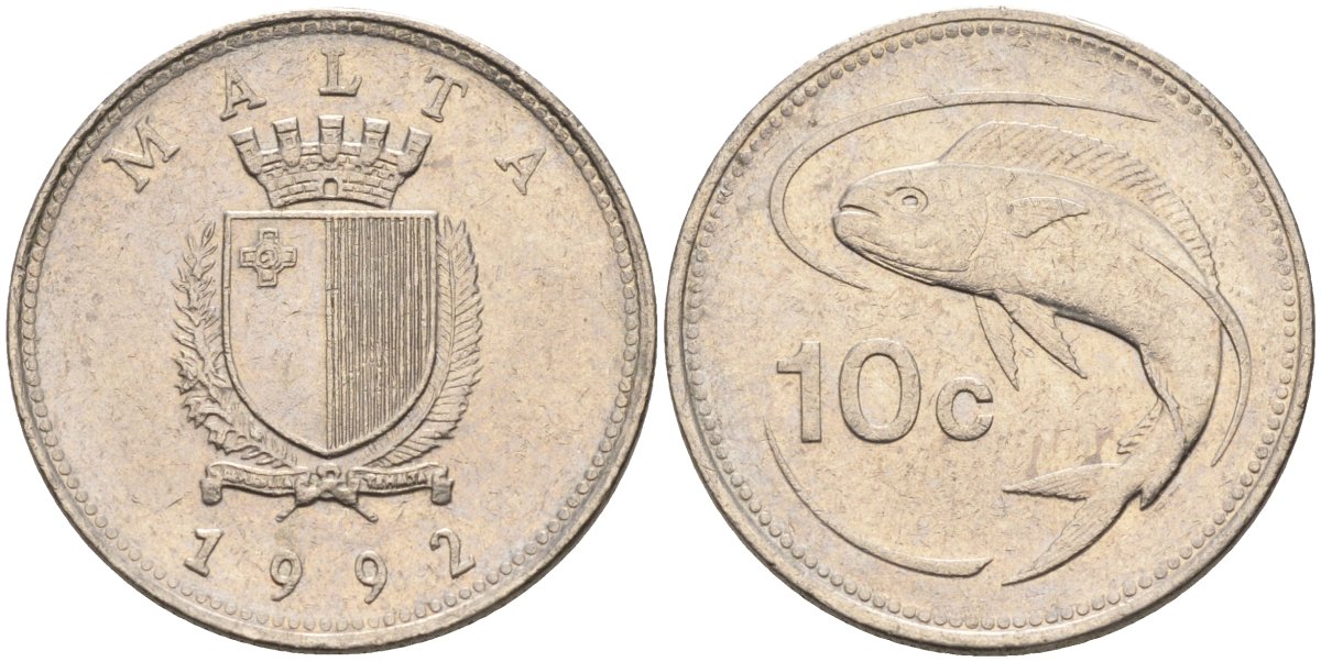 Мальта 10 центов 1992 золотая макрель KM 96 медно-никель 4588-236