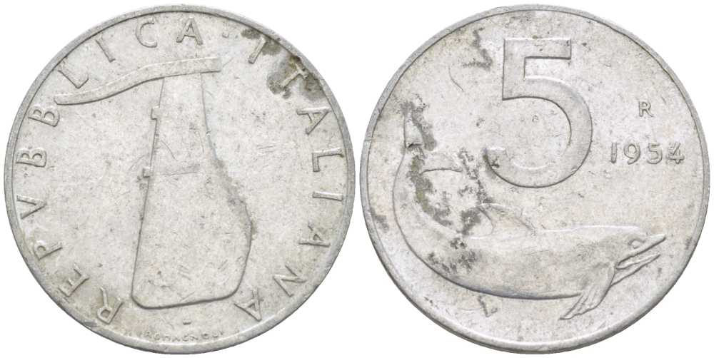 ИТАЛИЯ 5 ЛИР 1954 R, РУЛЬ, ДЕЛЬФИН KM 92 алюминий 175-113