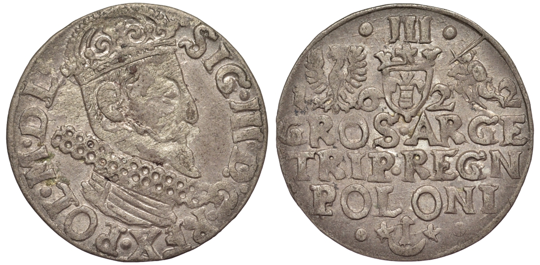 ПОЛЬША 3 ГРОША 1622 ЗИГМУНТ III ВАЗА серебро 441-231