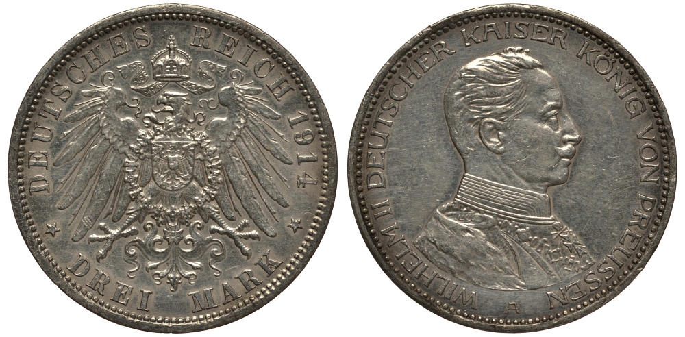 Пруссия 3 марки 1914 Вильгельм II (1888-1918) в мундире KM 538, J.113 серебро 3711-545