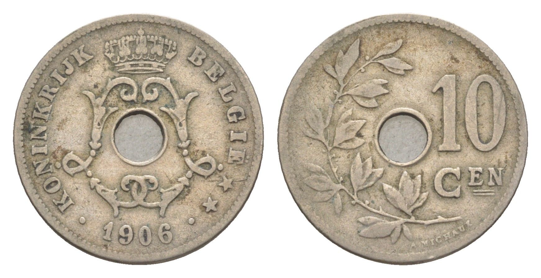 Бельгия 10 сантимов 1906 Belgie, Леопольд I (1865-1909) KM 53 медно-никель 4615-922