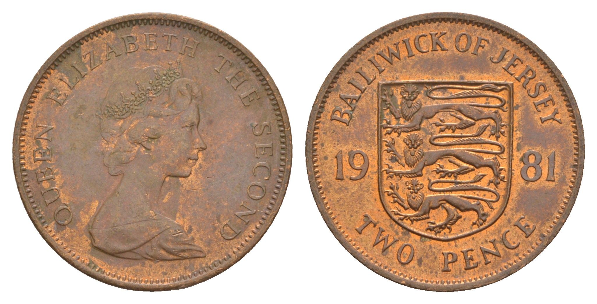 Джерси 2 пенса 1981 герб, Елизавета II (1952-2022) KM 47 бронза 4656-1124