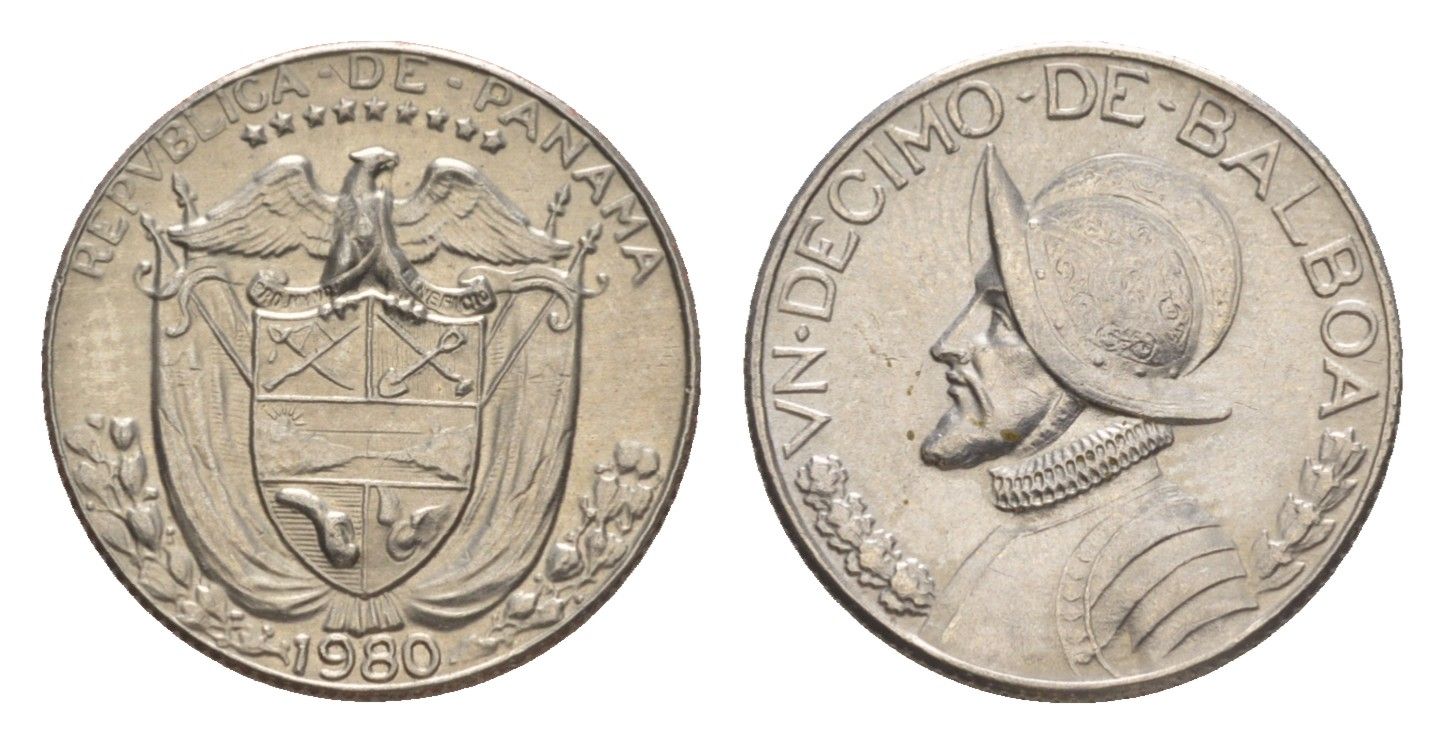Панама 1/10 бальбоа (10 сентесимо) 1980 KM 10 медь плакированная медно-никелем UNC 4644-153