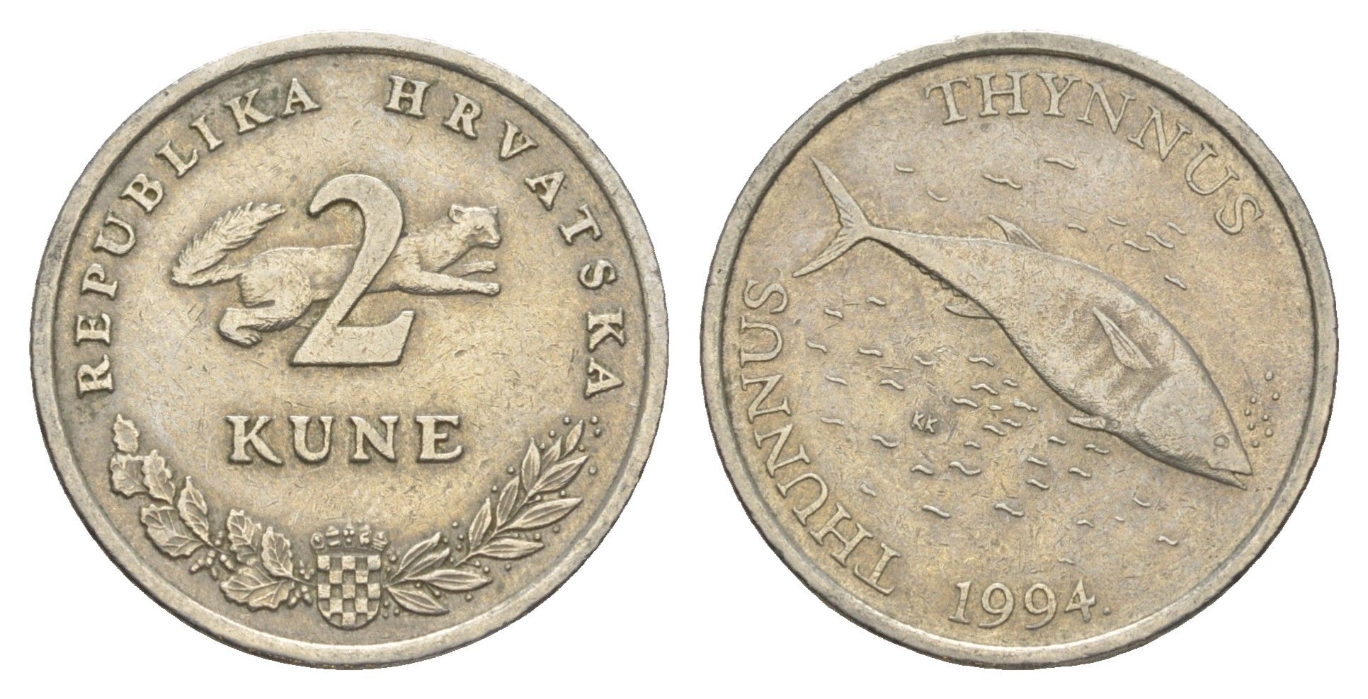 Хорватия 2 куны 1994 Голубой тунец KM 21 медь цинк никель 4573-534