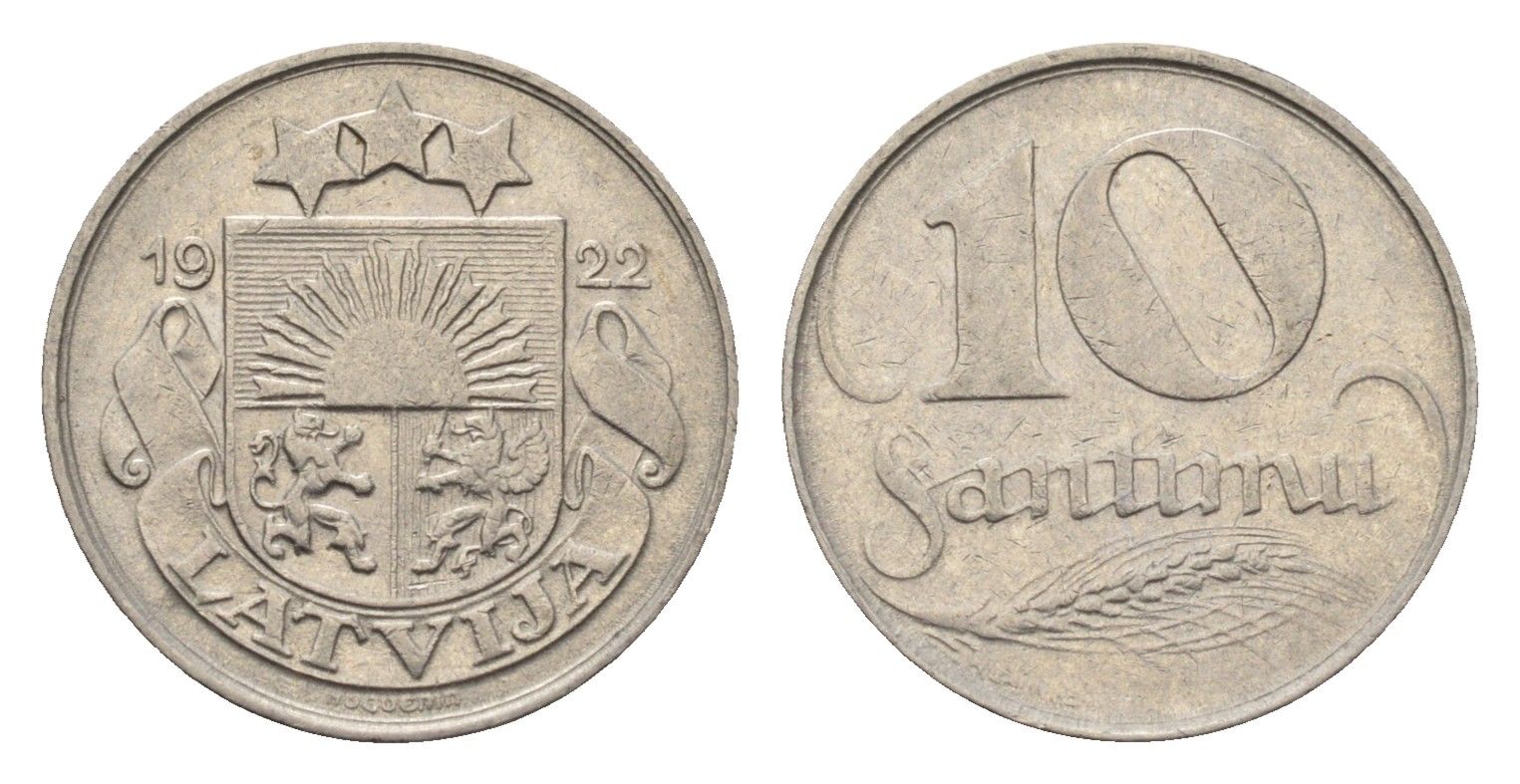 Латвия 10 сантимов 1922 год-тип KM 44 никель 4689-812