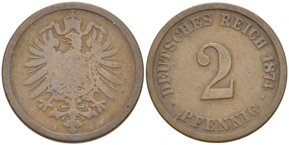 ГЕРМАНИЯ 2 ПФЕННИГА 1874 A, СТАРОГЕРБОВКА KM 2, J. 2, Weege 3 медь 212-452