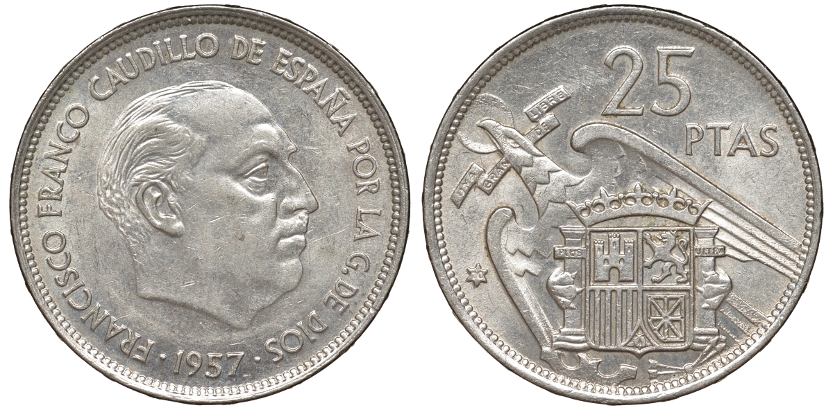 Испания 25 песет 1957 (70) Франсиско Франко (1939-1975) KM 787 медь никель цинк 4168-1122