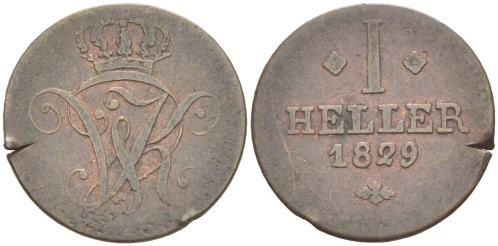 Гессен-Кассель 1 геллер 1829 Вильгельм II (1821-1847) KM 576, Jaeger 13, AKS 29. медь 4532-1243