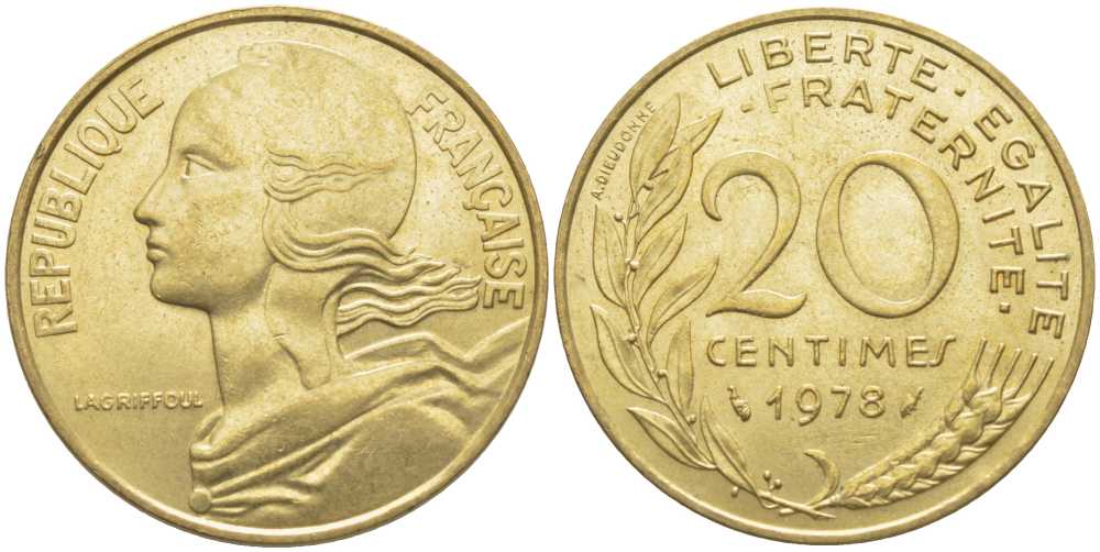 ФРАНЦИЯ 20 САНТИМОВ 1978 ТИП MARIANNE KM 930, LE FRANC 156.18 медь алюминий никель 175-846