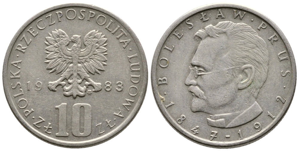 ПОЛЬША 10 ЗЛОТЫХ 1983 MW, БОЛЕСЛАВ ПРУС KM 73 медно-никель 93-1146