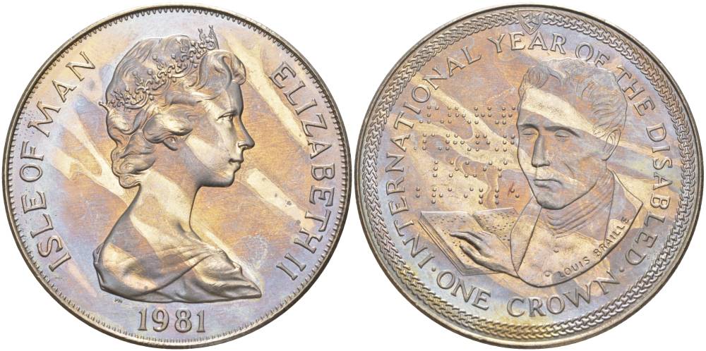 Остров Мэн 1 крона 1981 Международный год инвалидов, Луи Брайль KM 77 медно-никель UNC 118-1213