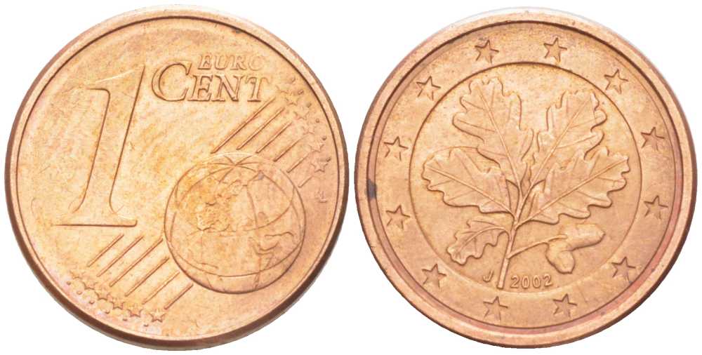 ГЕРМАНИЯ 1 ЕВРОЦЕНТ 2002 J KM 207 сталь плакированная медью 206-1139