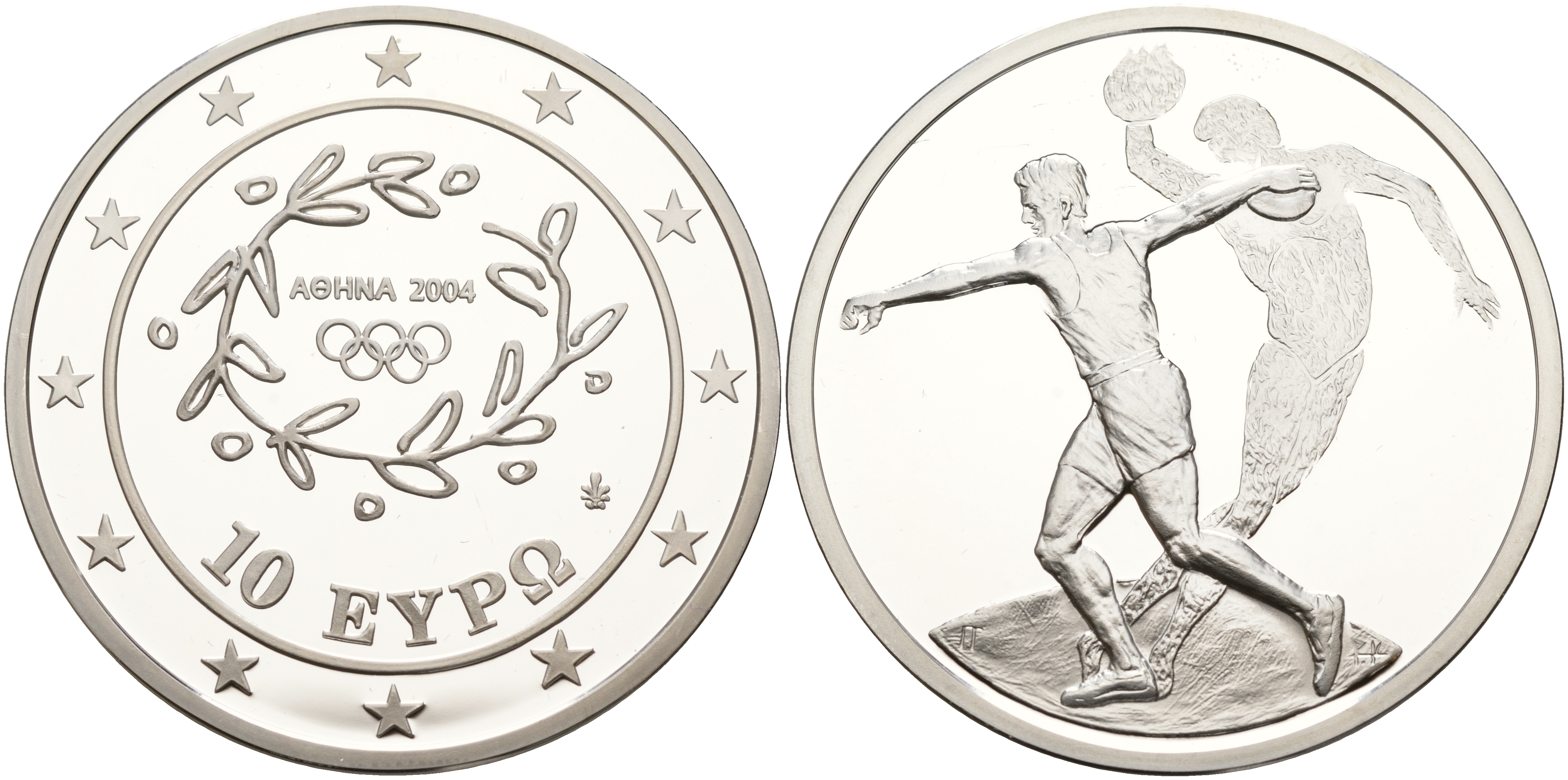Греция 10 евро 2003 XXVIII летние Олимпийские игры 2004 года в Афинах, метание диска, дискобол KM 191 серебро PROOF 11-244-12