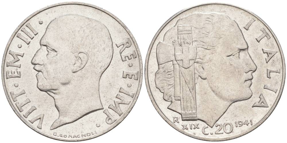 ИТАЛИЯ 20 ЧЕНТЕЗИМО 1941 R, ГОД XIX, ВИКТОР ЭММАНУИЛ III (1900-1946) KM 75b, VEM3. 1028 нержавеющая сталь 3853-816