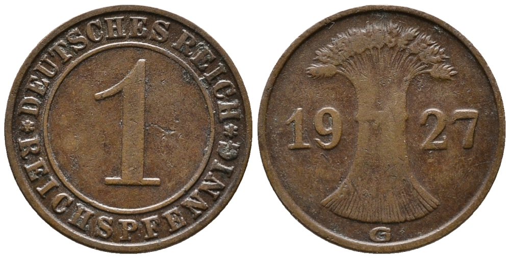 ГЕРМАНИЯ 1 РЕЙХСПФЕННИГ 1927 G KM 37, J. 313 бронза 39-951