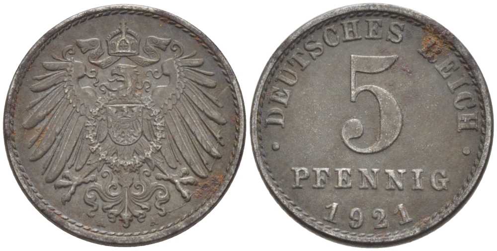 Германия 5 пфеннигов 1921 A KM 19, J. 297, Weege 5 железо 99-758