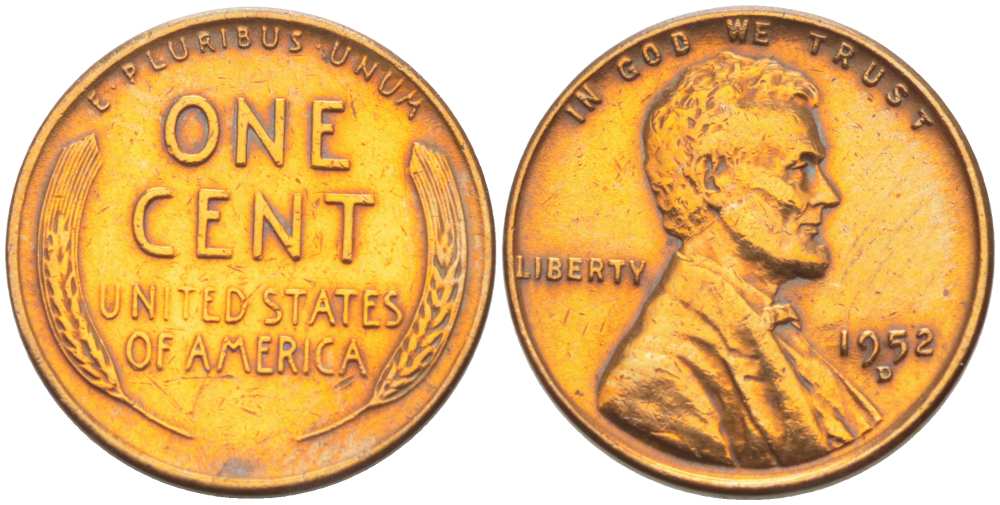 США 1 ЦЕНТ 1952 D, ЛИНКОЛЬН KM А132 медь цинк 218-621