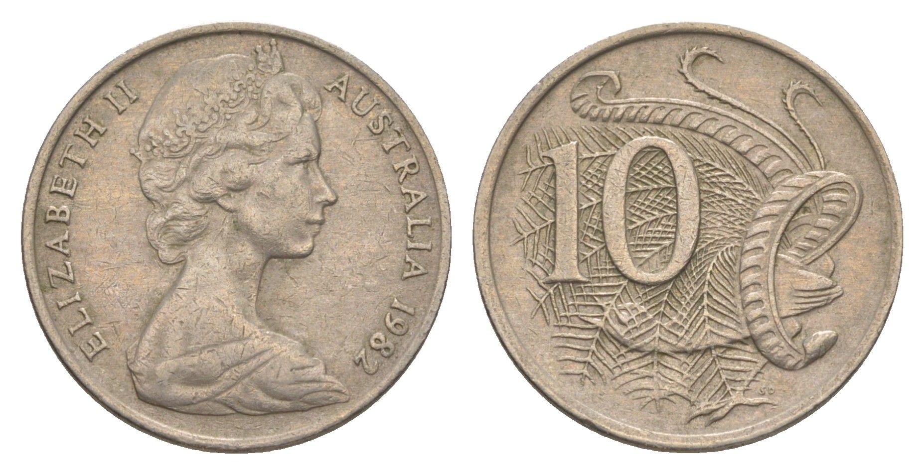 Австралия 10 центов 1982 Елизавета II (1952-2022), птица лирахвост KM 65 медно-никель 4364-1643