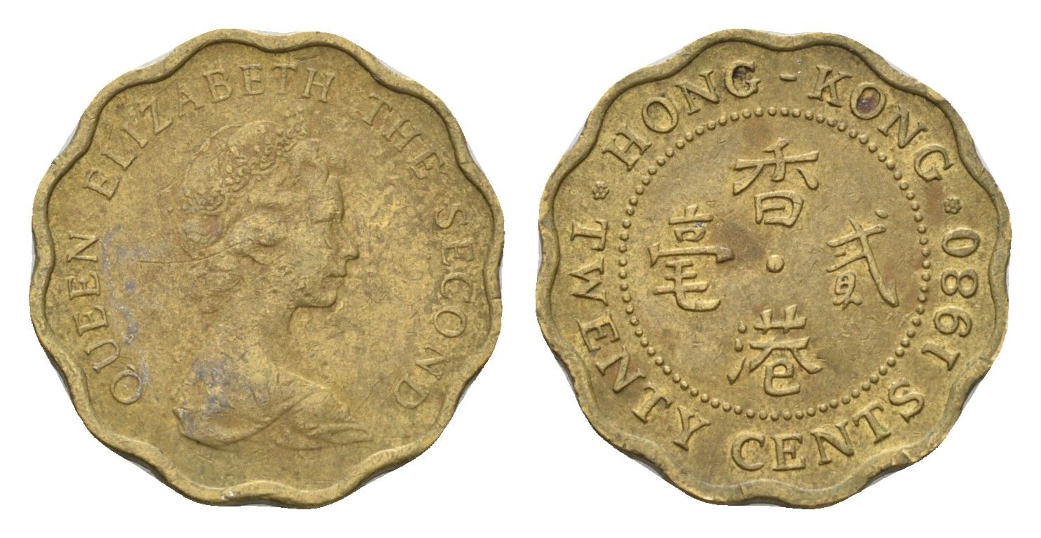 Гонконг 20 центов 1980 KM 36 никель латунь 4674-865