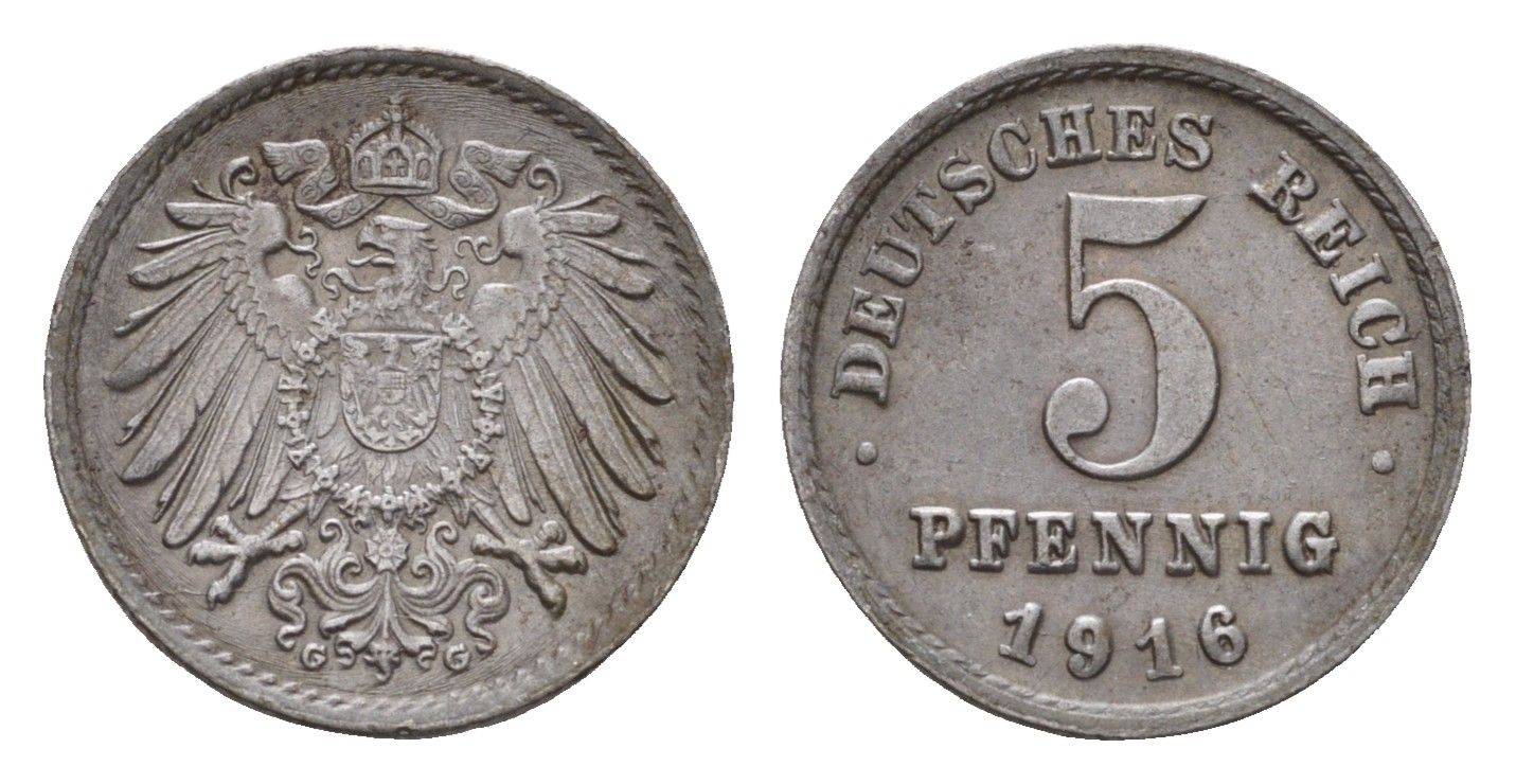 Германия 5 пфеннигов 1916 G, Вильгельм II (1888-1918) KM 19, J. 297 железо плакированная цинком aUNC 54-529