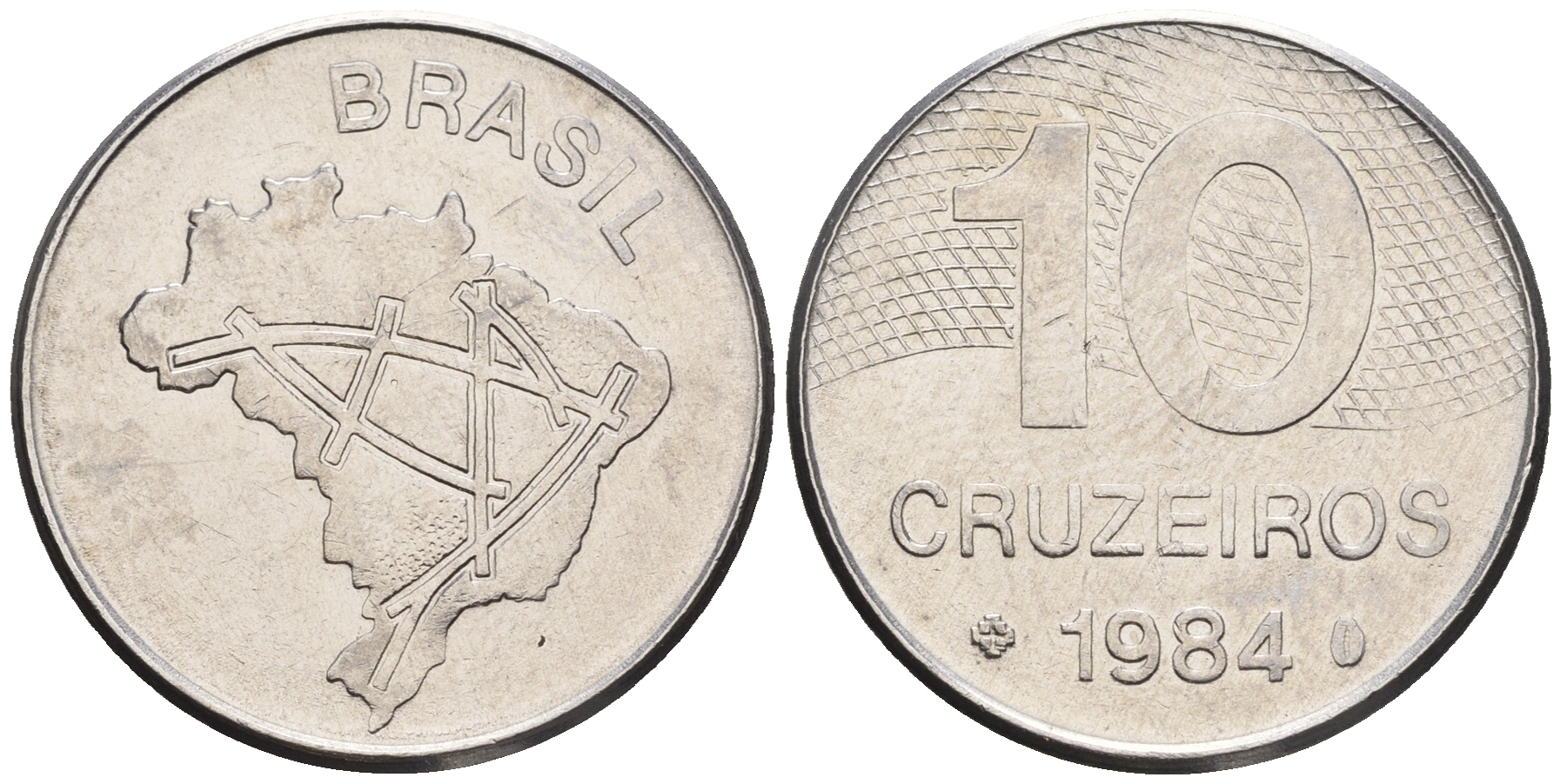 Бразилия 10 крузейро 1984 карта Бразилии KM 592.1 нержавеющая сталь 87-546