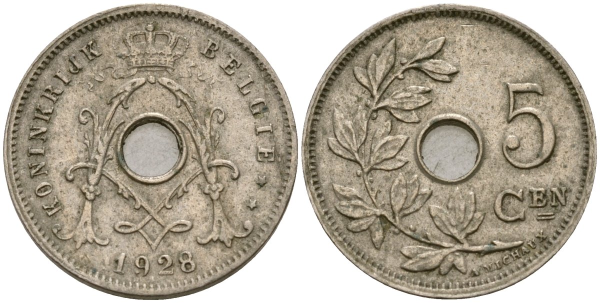 Бельгия 5 сантимов 1928 Belgie KM 67 медно-никель 4136-518