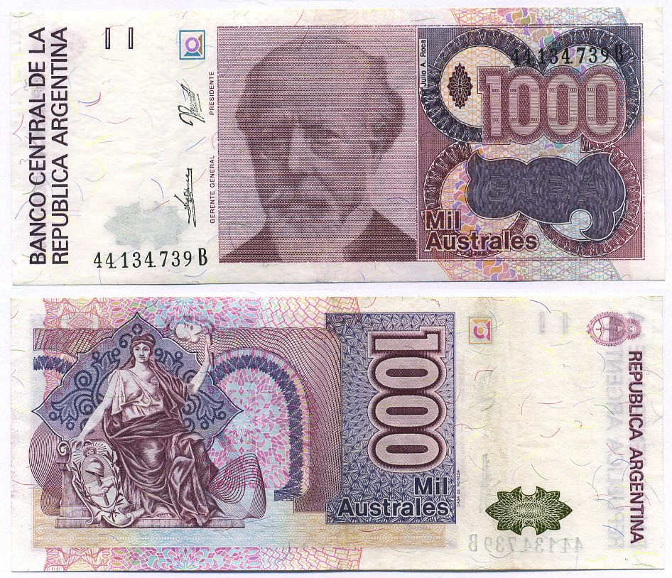 АРГЕНТИНА 1000 АУСТРАЛЕЙ 1989 СЕРИЯ В 44134, ПРЕЗИДЕНТ АРГЕНТИНЫ ХУЛИО РОКА Pick 329b бумага 8564-38-3