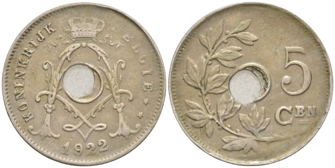 БЕЛЬГИЯ 5 САНТИМОВ 1922 BELGIE KM 67 медно-никель 4549-1136