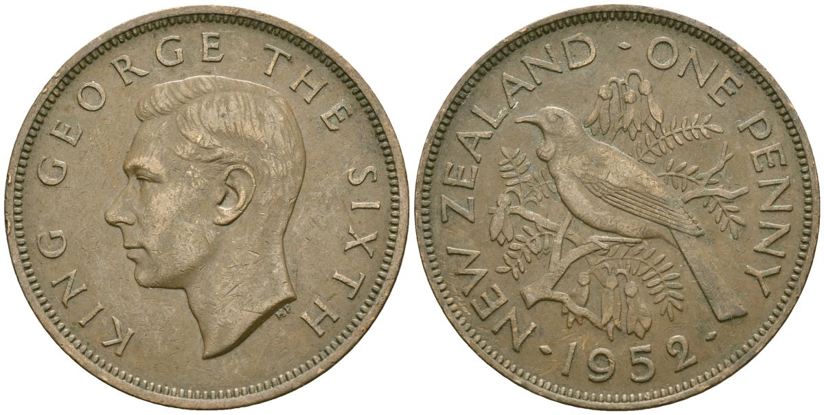 Новая Зеландия 1 пенни 1952 Георг VI (1936-1952), новозеландский туи KM 21 бронза 4120-115