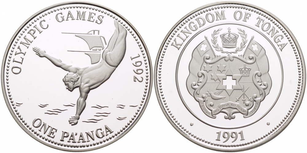 Тонга 1 паанга 1991 XXV летние Олимпийские игры в Барселоне 1992 года, прыжки с трамплина в воду KM 140 серебро PROOF 1084-9-51