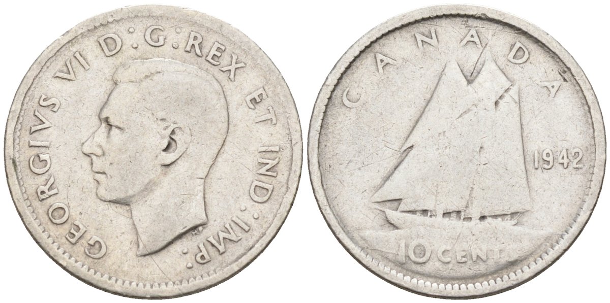 Канада 10 центов 1942 Георг VI (1936-1952), парусник KM 34 серебро 4580-344