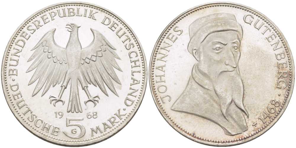 ФРГ 5 марок 1968 G, 500 лет со дня смерти Иоганна Гутенберга KM 122, J. 397 серебро 180-1015
