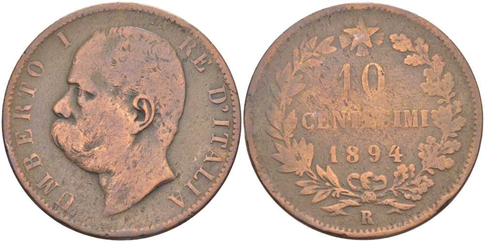 Италия 10 чентезимо 1894 R, Умберто I (1878-1900) KM 27.2 медь 111-1035