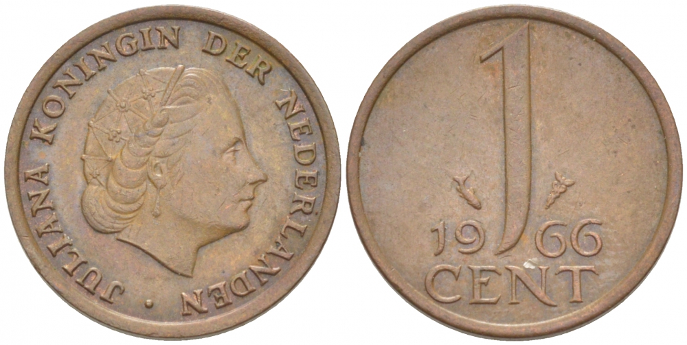 НИДЕРЛАНДЫ 1 ЦЕНТ 1966 ЮЛИАНА KM 180 бронза 3457-1216