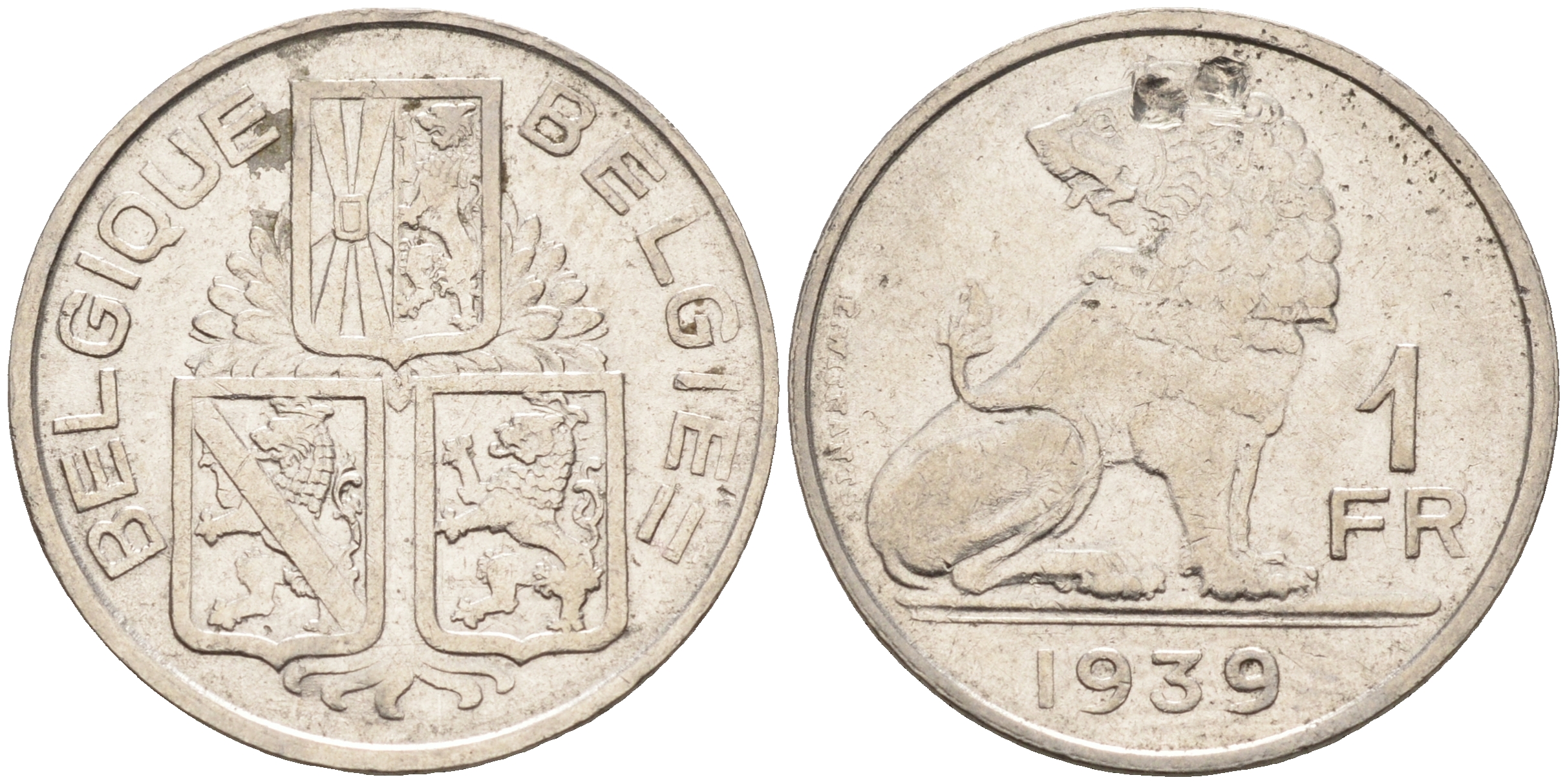 Бельгия 1 франк 1939 Леопольд III (1934-1950), Belgique-Belgie, лев KM 119 никель 4589-811