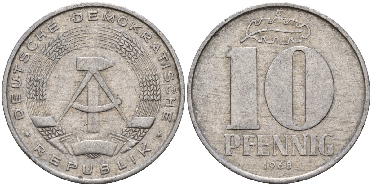 ГДР 10 пфеннигов 1968 A KM 10 алюминий 34-742