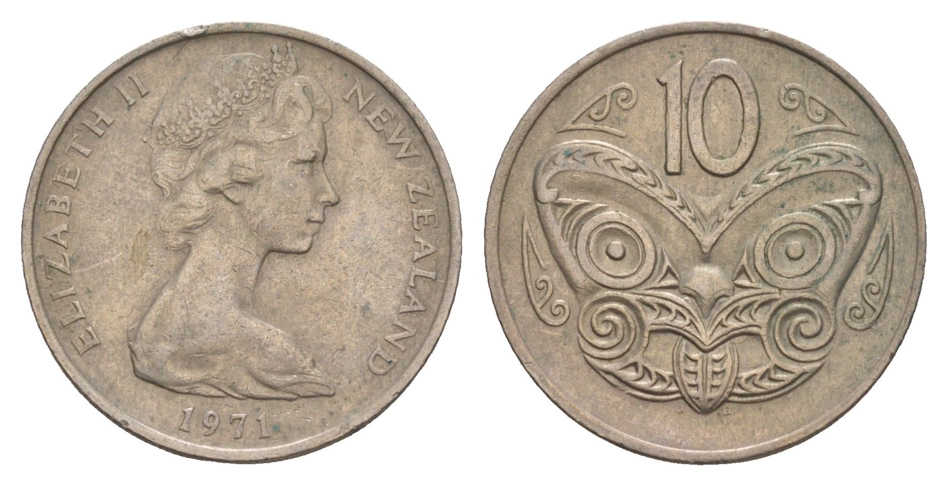 Новая Зеландия 10 центов 1971 Елизавета II (1952-2022), маска маори KM 41.1 медно-никель 4657-125