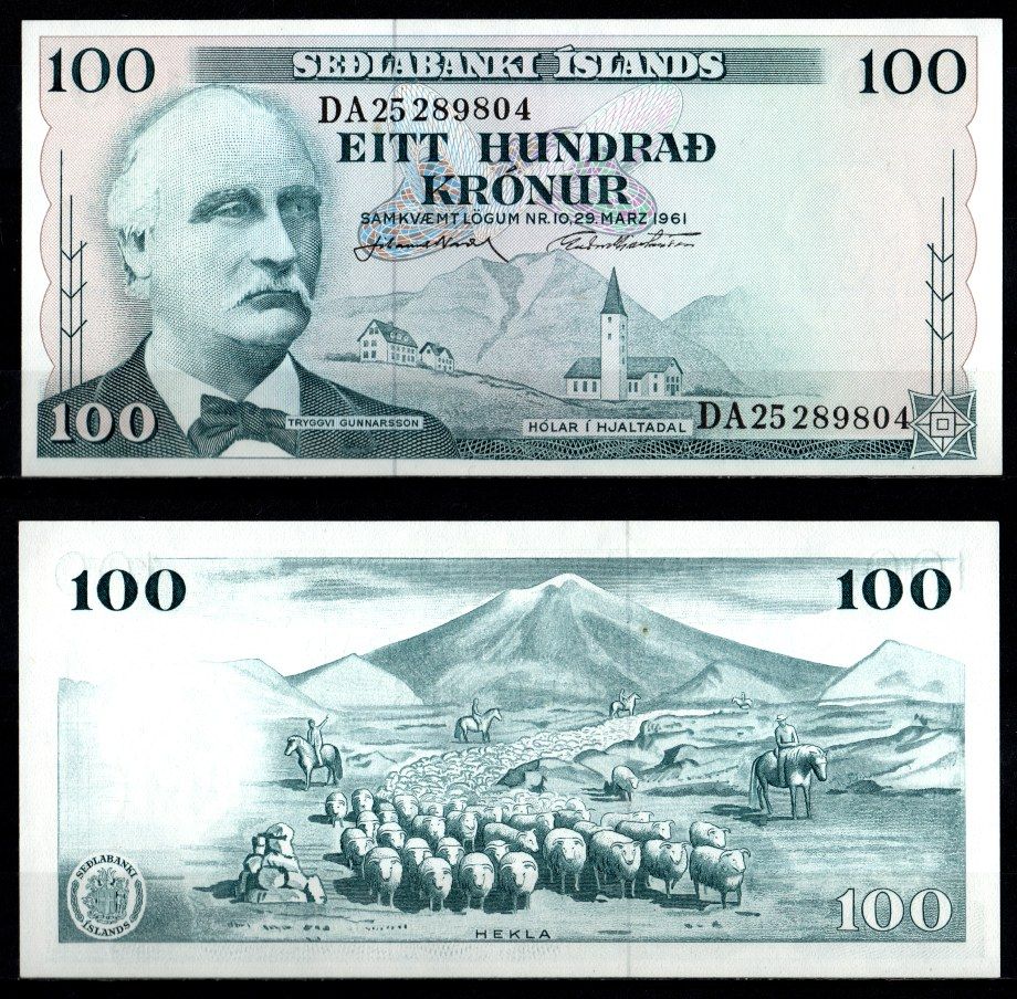 Исландия 100 крон 1961 Pick 44 a (11) бумага UNC (пресс) 2198-27-3-2