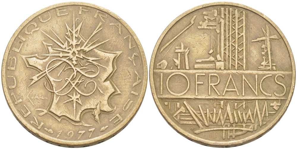 Франция 10 франков 1977 тип Матье KM 940, Le Franc 365.9-10 никель латунь 111-1011