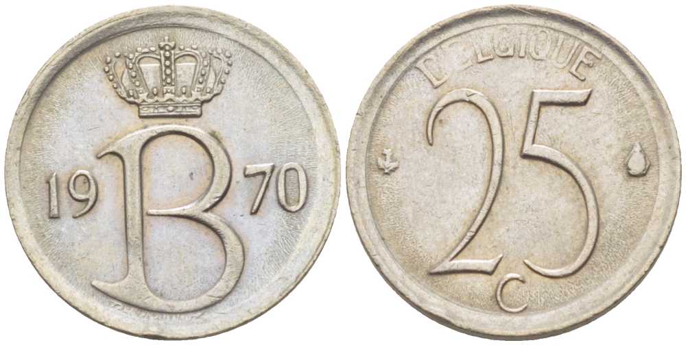 БЕЛЬГИЯ 25 САНТИМОВ 1970 BELGIQUE, БОДУЭН I (1951-1993) KM 153.1 медно-никель 214-435