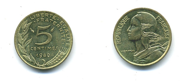 ФРАНЦИЯ 5 САНТИМОВ 1980 ТИП MARIANNE KM 933 медь алюминий никель 84-1543