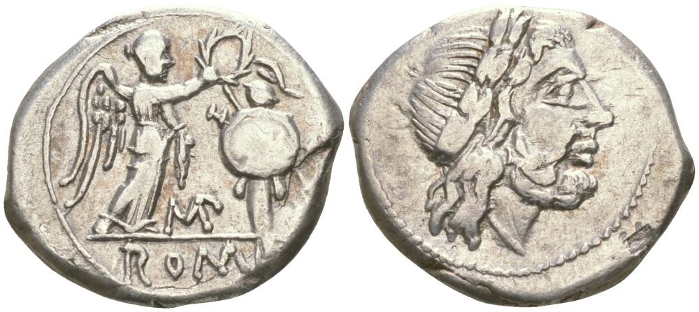 Римская Республика викториат 211-208 гг. до н.э. голова Юпитера / Виктория с трофеем, ROMA, монетный двор в Италии, R, 2,72 гр Crawford 93/1a серебро 1073-19-15