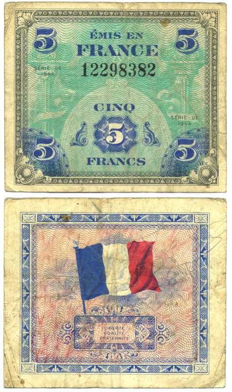 ФРАНЦИЯ 5 ФРАНКОВ 1944 ПЕРВЫЙ АМЕРИКАНСКИЙ ВЫПУСК ДЛЯ ФРАНЦИИ Pick 115а бумага 6262-4-2-1