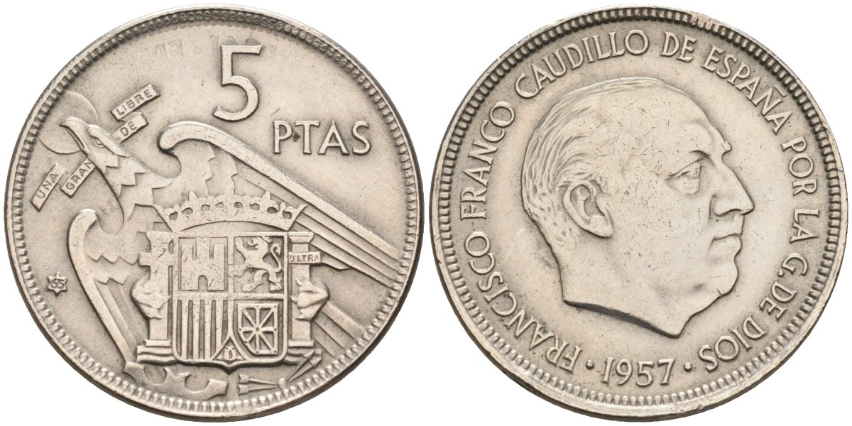 Испания 5 песет 1957(65) Франциско Франко (1939-1975) KM 786 медно-никель 4583-1145
