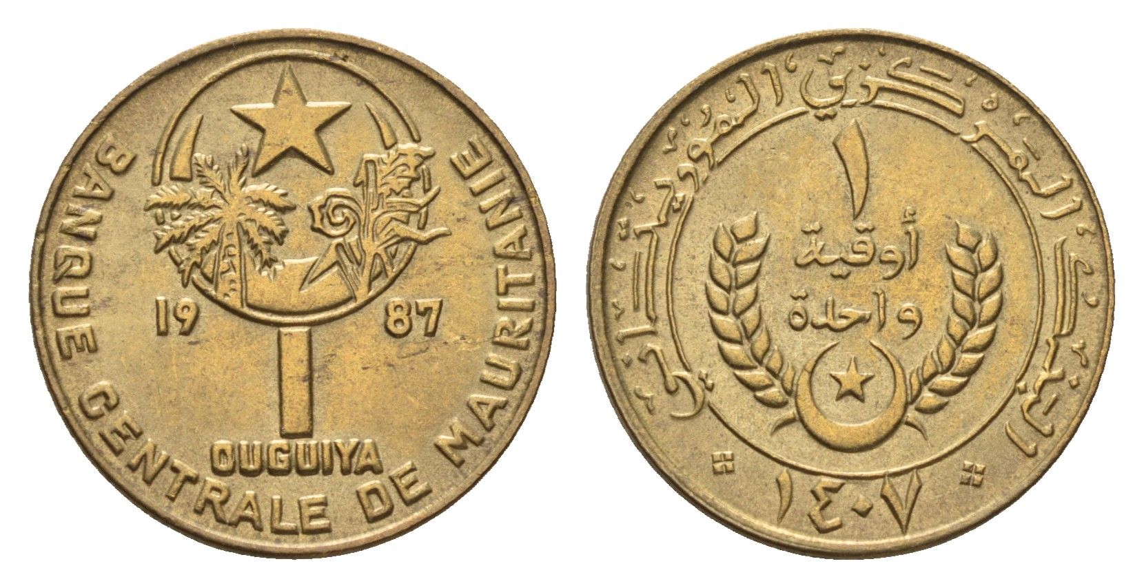 Мавритания 1 угия 1987 KM 6 алюминиевая бронза UNC 4669-451