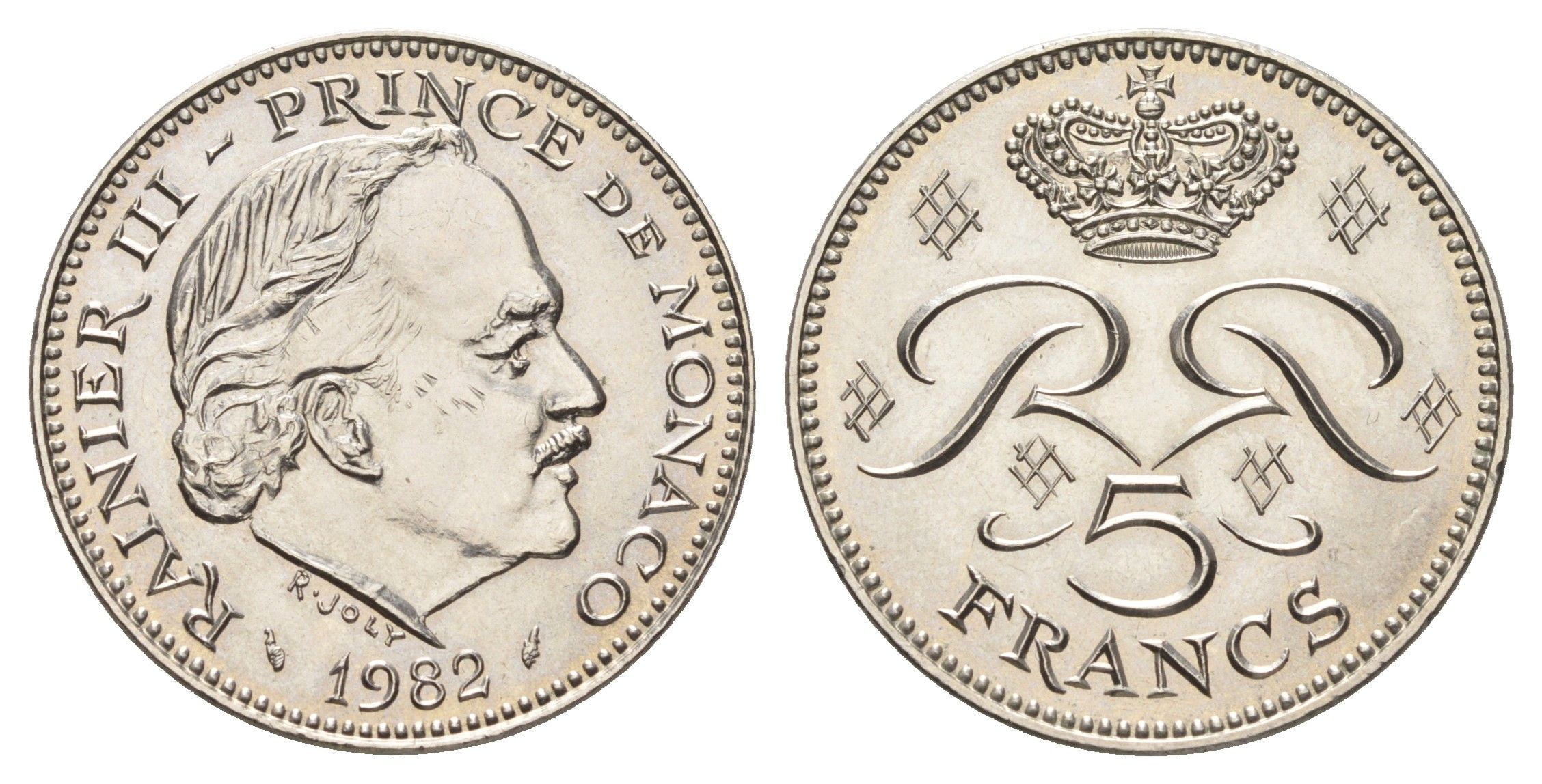 Монако 5 франков 1982 Ренье III (1949-2005) KM 150 медь плакированная никелем UNC 4660-937