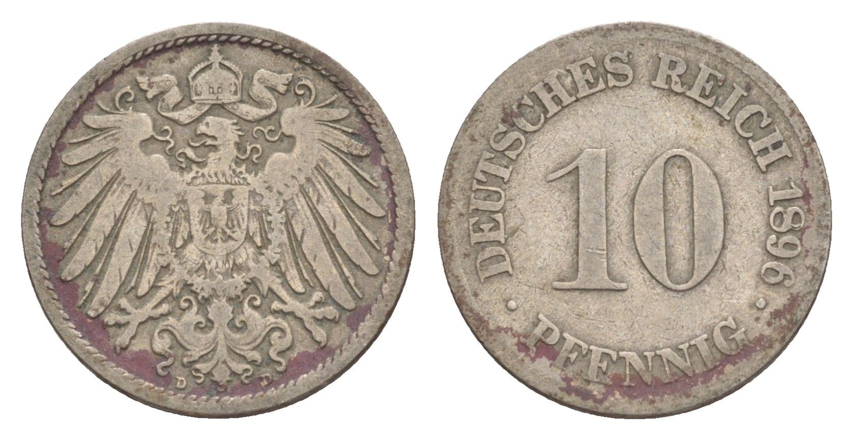 Германия 10 пфеннигов 1896 D, Вильгельм II (1888-1918) KM 12, J. 13 медно-никель 4640-233