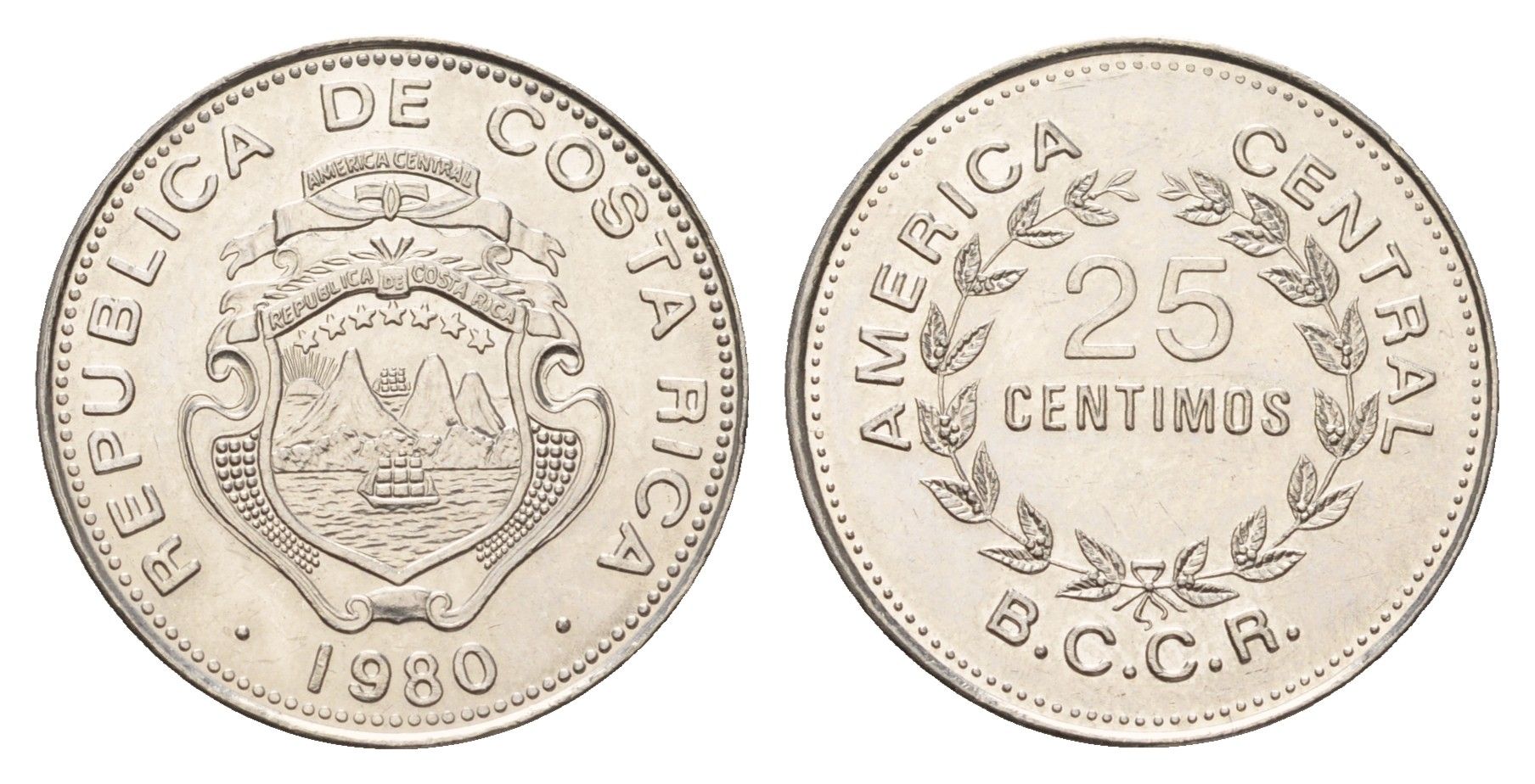 Коста-Рика 25 сентимо 1980 KM 188.1a сталь плакированная никелем UNC 4674-968