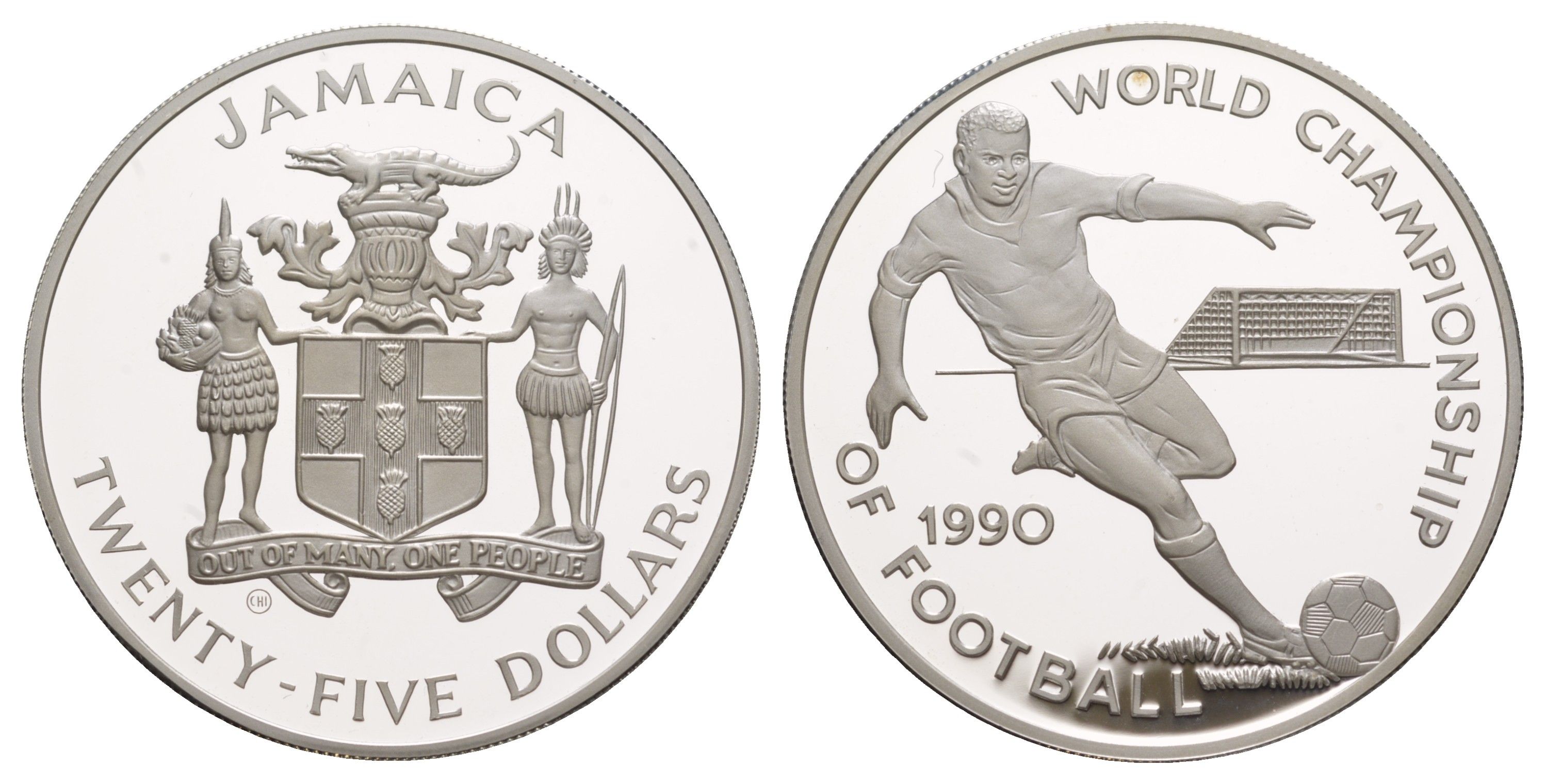 Ямайка 25 долларов 1990 Чемпионат мира по футболу 1990, Италия KM 142 серебро PROOF 1079-2-44